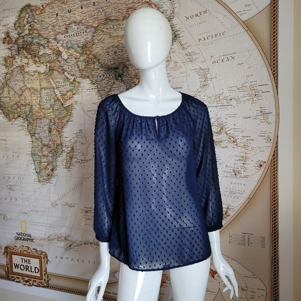 Cynthia Rowley sheer navy flowy blouse round neckline tufted dot fabric boho S